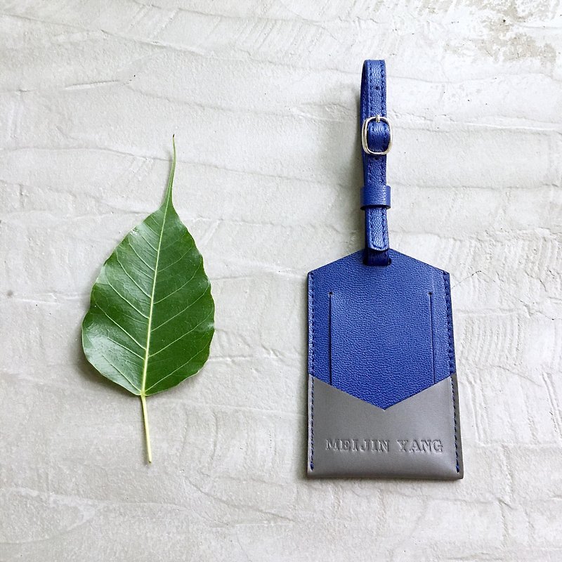 Luggage tag luggage tag sapphire blue + gray customized gift - ป้ายสัมภาระ - หนังแท้ สีน้ำเงิน