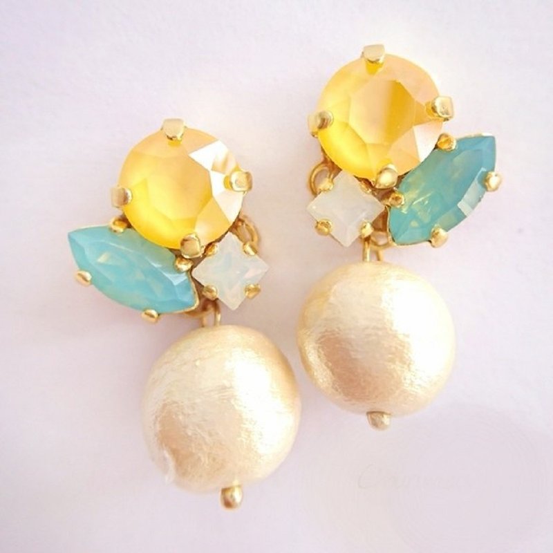 Swarovski & pearl Clip-On, earrings (mimosa) - ต่างหู - คริสตัล สีเหลือง