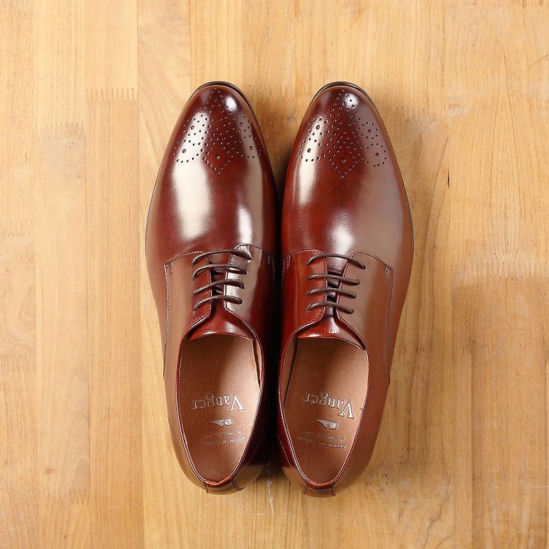 Vanger Simple Iris Carved Derby Shoes Va216 Claret - รองเท้าลำลองผู้ชาย - หนังแท้ สีแดง