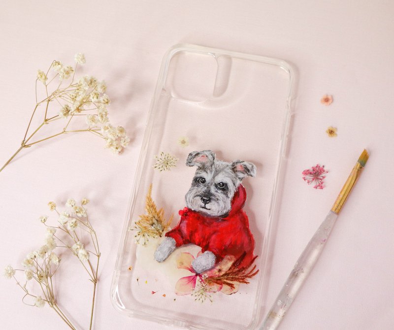 Tailor-made Hand-drawn Pet Pressed Flower Phone Case | Miniature Schnauzer / Dog - เคส/ซองมือถือ - พืช/ดอกไม้ สีแดง