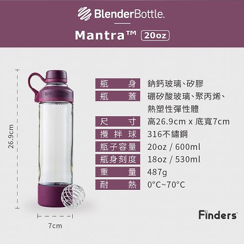 BlenderBottle Mantra 20 oz Glass Shaker Bottle Gray with Twist Lid