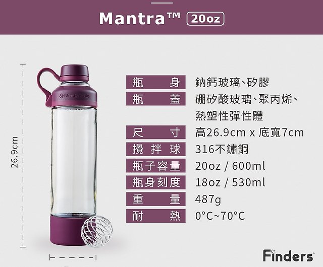BlenderBottle Mantra Glass 20-Ounce, Assorted - Pebble Gray