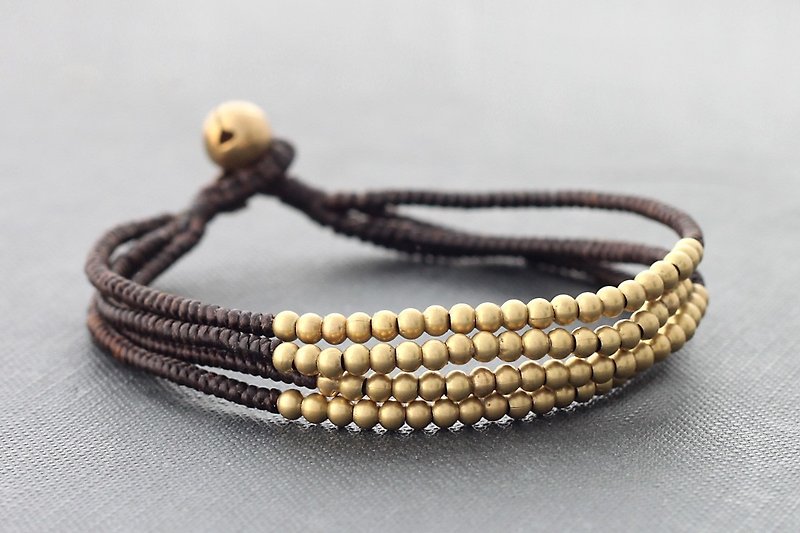 Multi Strand Brown Hand Woven Bracelets, Brass Beads Beaded Braided Bracelets - Bracelets - Cotton & Hemp Brown