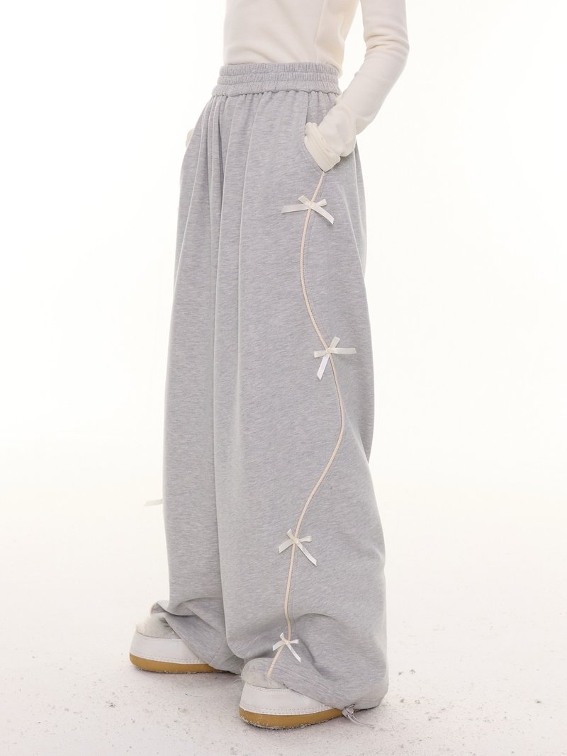 ziziFei新款美式設計感高腰顯瘦蝴蝶結闊腿灰色運動休閒衛褲女 - 女長褲 - 其他材質 灰色