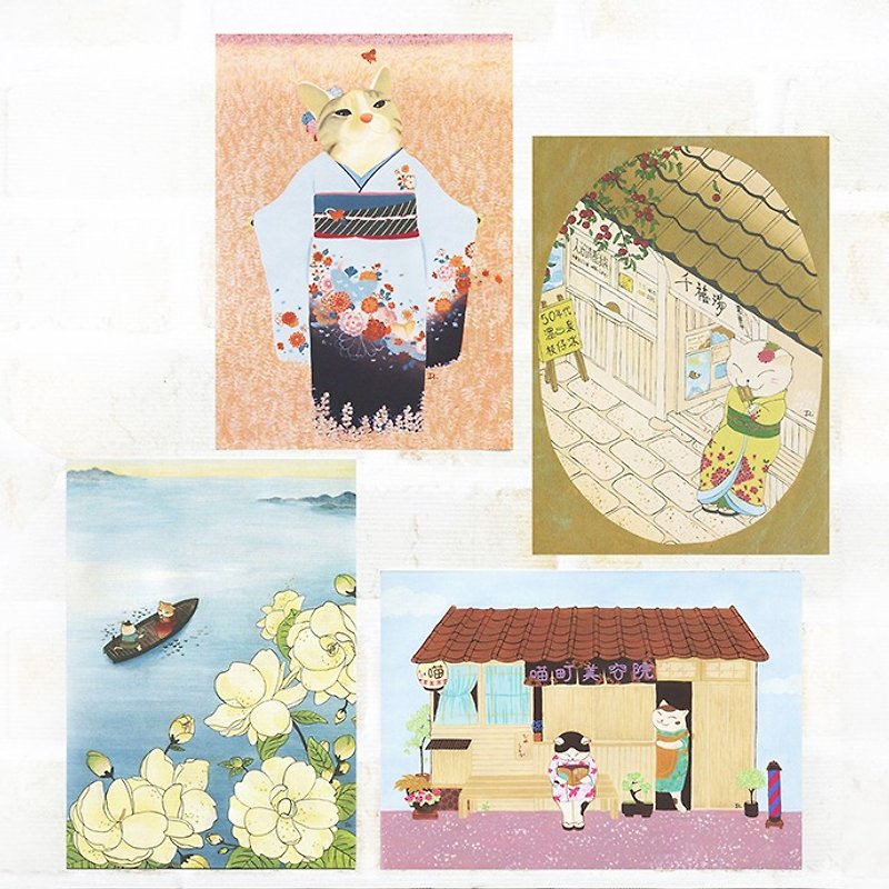Cat Ukiyo-e/Postcard Set (4 styles + free design pattern kraft paper envelope) - Cards & Postcards - Paper Multicolor