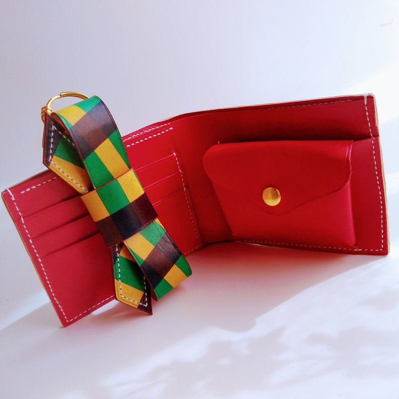 本革ー手縫いー手染めチェック二つ折り財布―イエロー系ーグリーン - 錢包/皮夾/長短夾 - 真皮 黃色