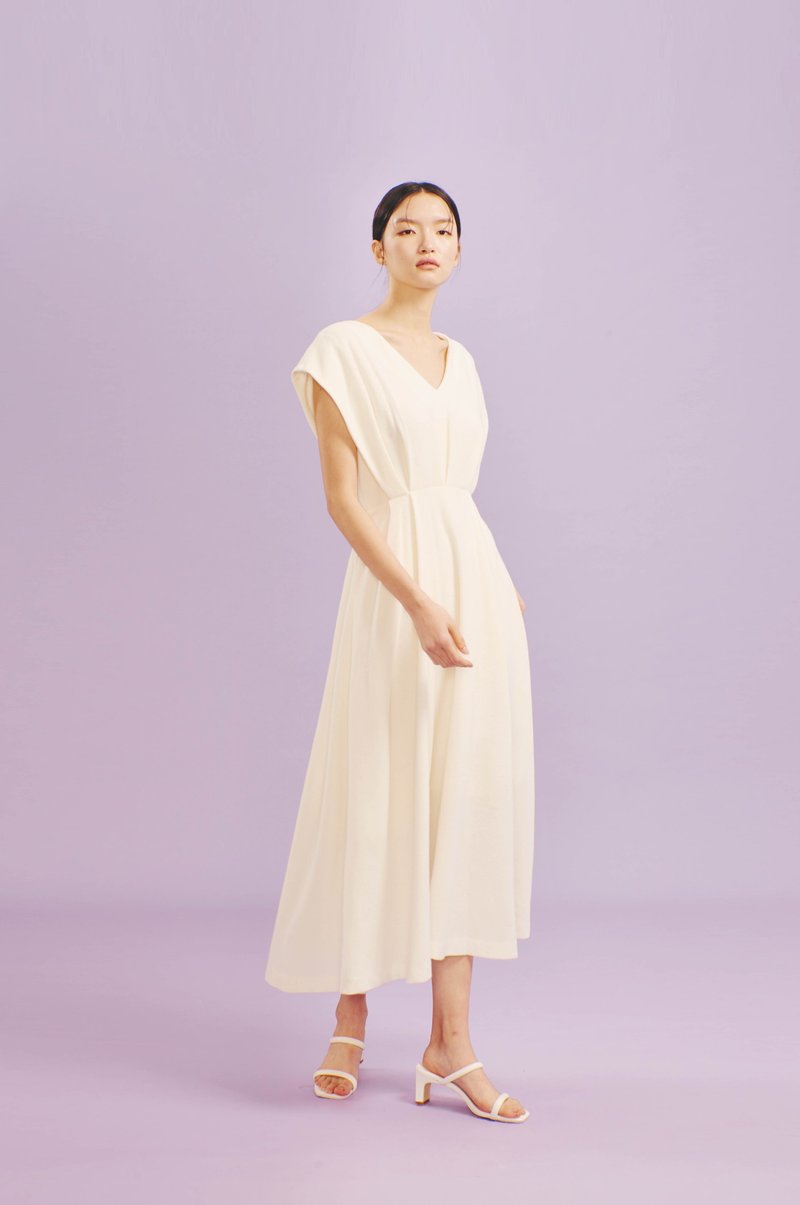 White wool V-neck dress - One Piece Dresses - Wool White