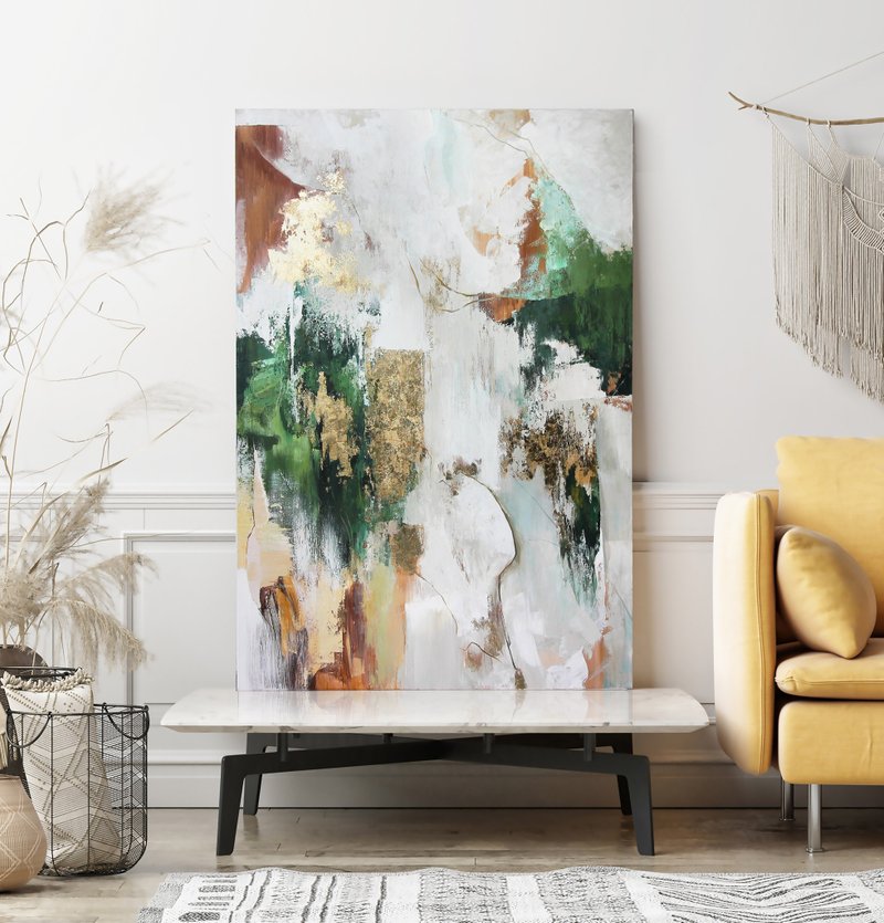 Green Gold Painting |  Green Gold Abstract | Green Wall Art | Green Flow 2 - 壁貼/牆壁裝飾 - 棉．麻 綠色