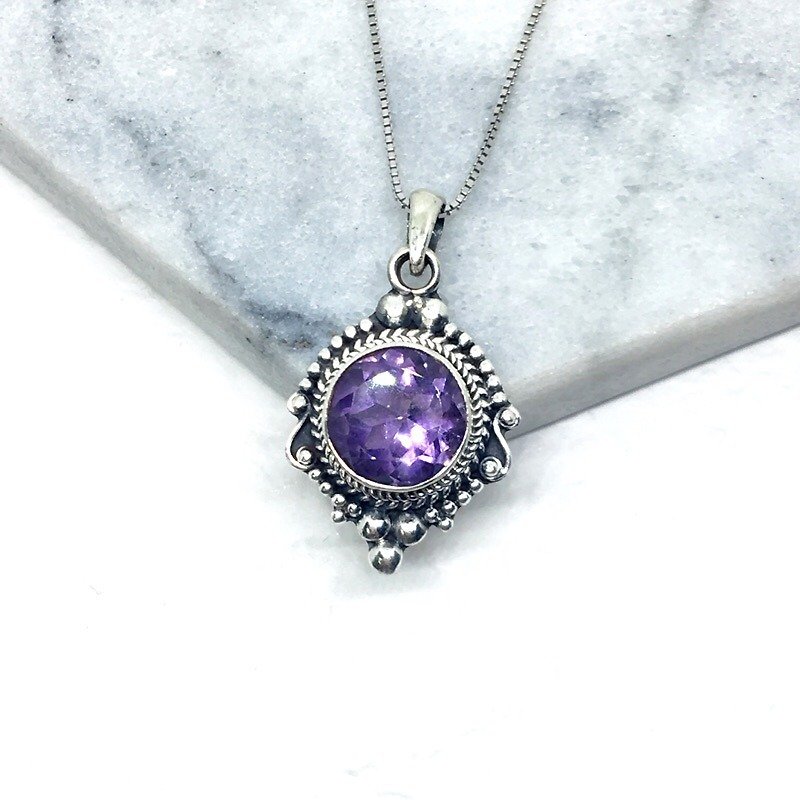 紫水晶925純銀巴洛克風格項鍊 尼泊爾手工鑲嵌製作 - 項鍊 - 寶石 紫色