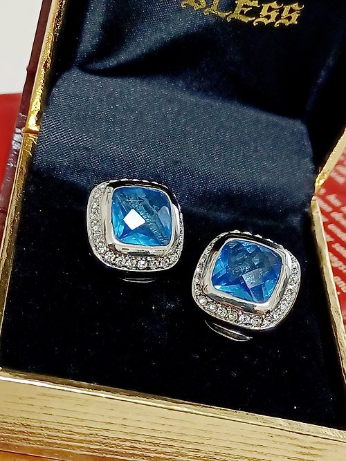 老時光製造所 vintage jewelry 方形藍鑽萊茵石夾式耳環