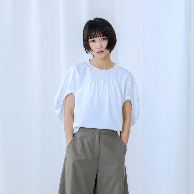 立體廓型圓剪裁上衣 - 女上衣/長袖上衣 - 棉．麻 白色