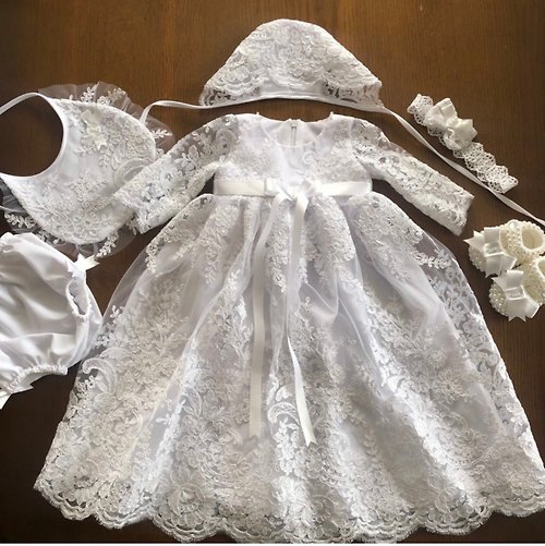 V.I.Angel White clothing set for baby girl: dress, bonnet, headband, panties, bib, shoes.