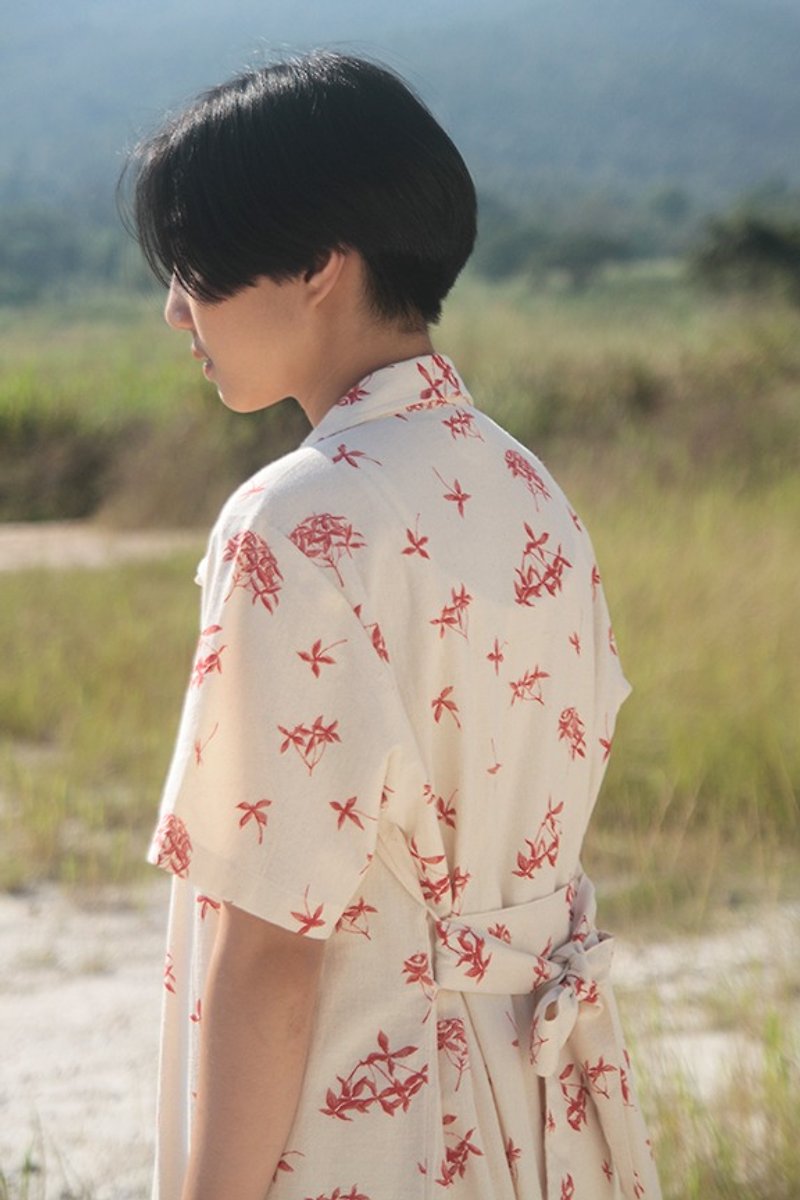 linnil: flower maxi shirt dress / robe dress - 洋裝/連身裙 - 棉．麻 紅色