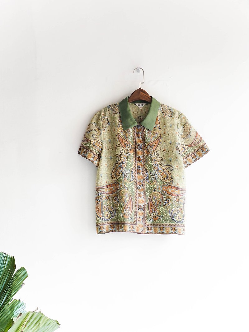 River Water Hill - Aomori Sea Green Lawn Color Story Antique Silk Shirt Tops Tops oversized vintage - เสื้อเชิ้ตผู้หญิง - ผ้าฝ้าย/ผ้าลินิน สีเขียว