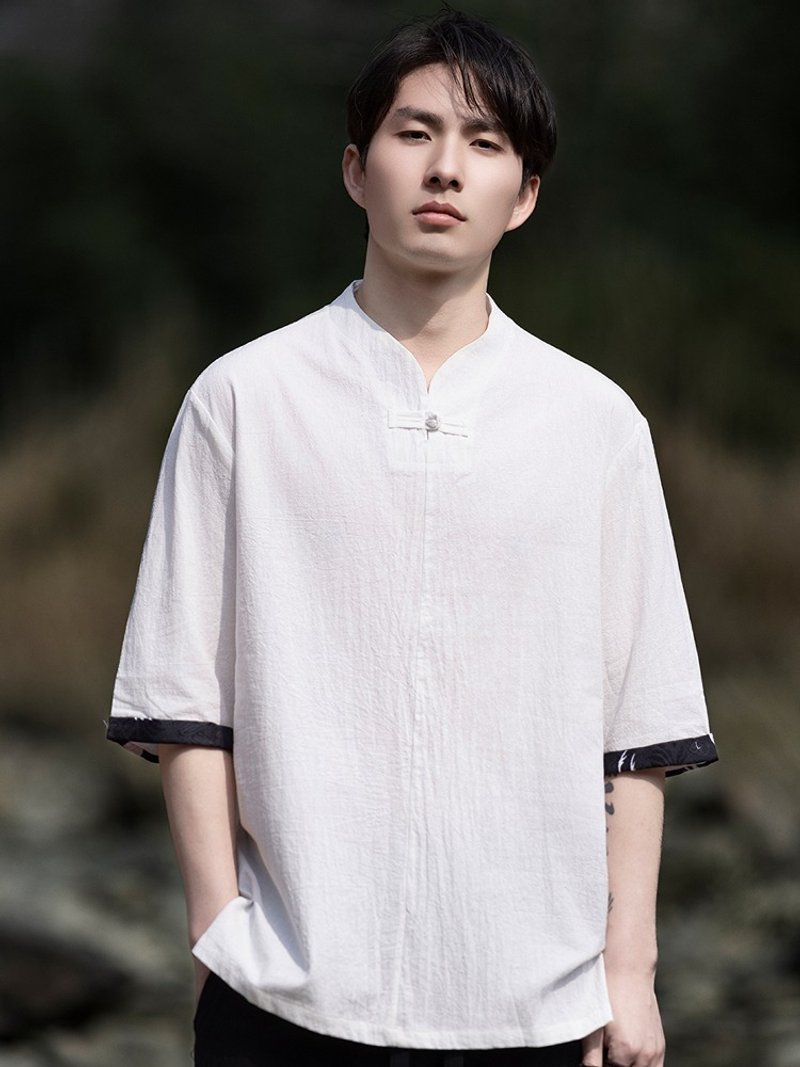 新中式復古 亞麻盤扣短袖襯衫 中國風唐裝 - 男 T 恤 - 其他材質 多色