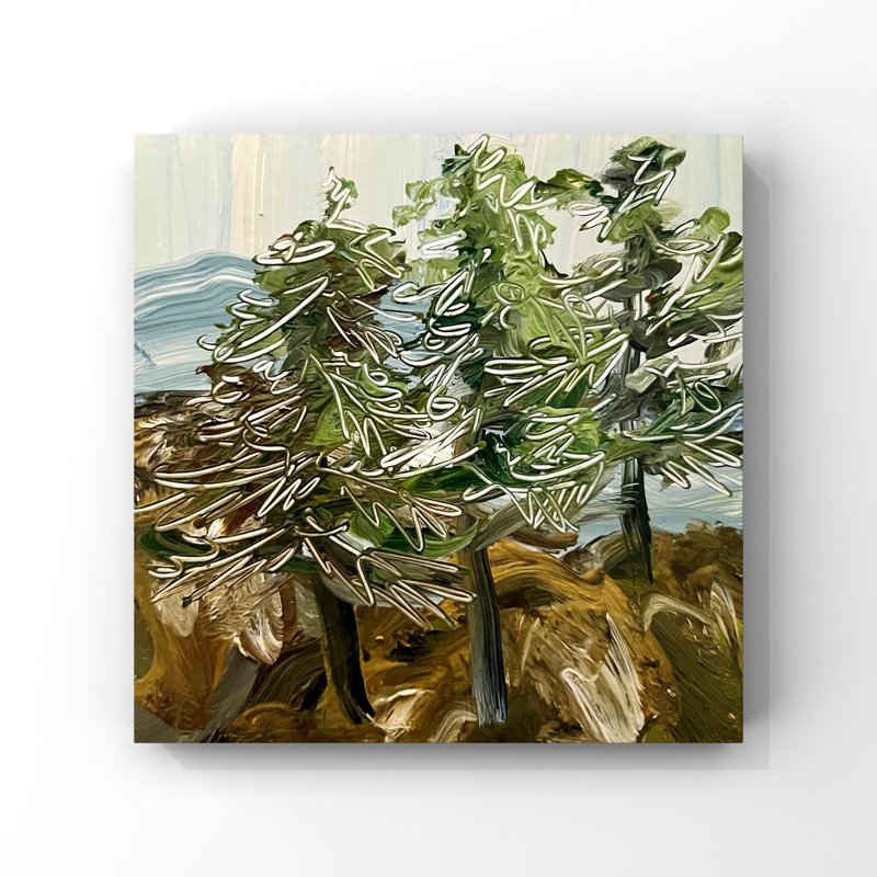 Trees On The Cliff Oil Painting Original Small Art Semi Abstract Landscape Art - 海報/掛畫/掛布 - 其他材質 多色