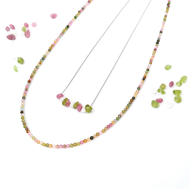 Natural Rainbow Tourmaline Necklace | 925 Silver Hand-made Design Double Circle Necklace Made Gift October Birthstone | - Necklaces - Gemstone Multicolor