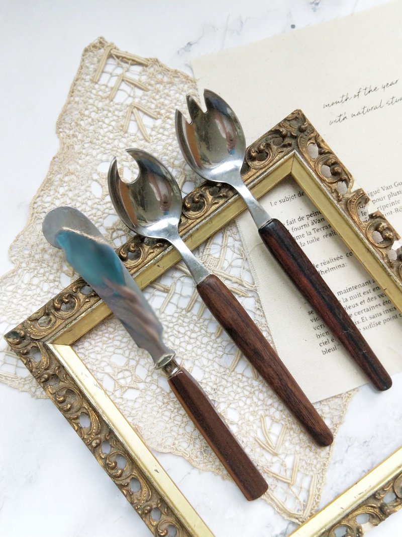 [Good day fetish] German vintage/antique/Rostfrei wooden handle tableware set - ช้อนส้อม - สแตนเลส หลากหลายสี