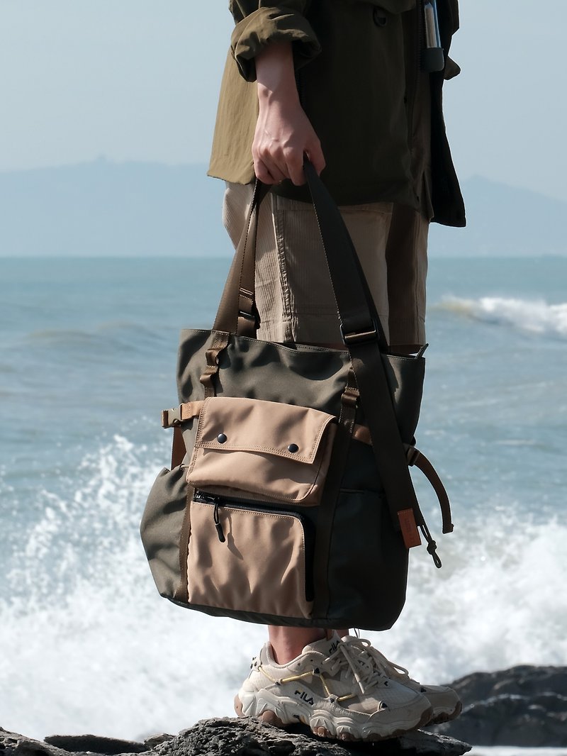 Outdoor tote bag handbag environmentally friendly recycled waterproof fabric multi-pocket functional storage army green - กระเป๋าถือ - วัสดุกันนำ้ สีเขียว