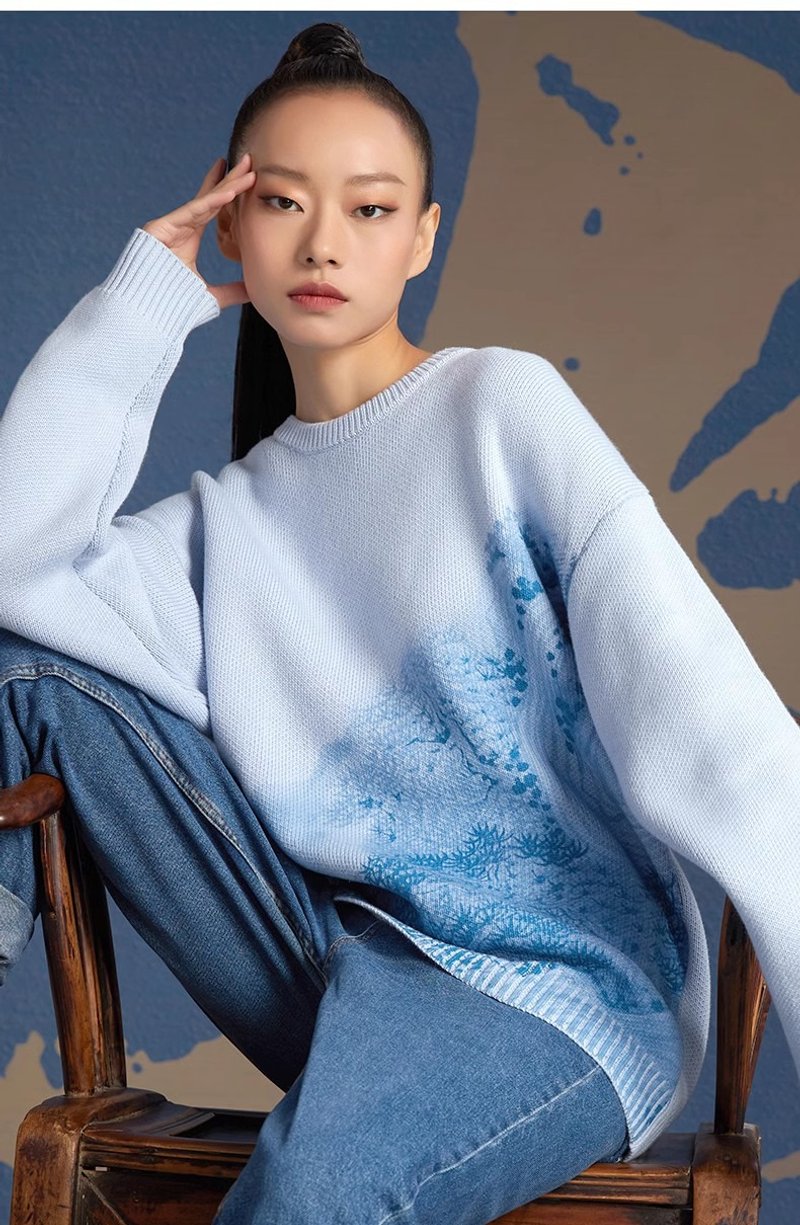 Langyin/Chinese landscape print knitted top thick sweater - สเวตเตอร์ผู้หญิง - เส้นใยสังเคราะห์ หลากหลายสี