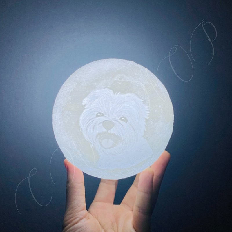 Moon light night light wireless hand-painted customized pet cat and dog couple opening shop into the house - โคมไฟ - ไม้ ขาว
