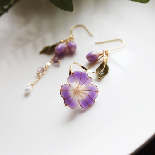 Oli studio 朝顔耳環 紫色牽牛花不對稱耳環 夏日清新 耳環 耳夾