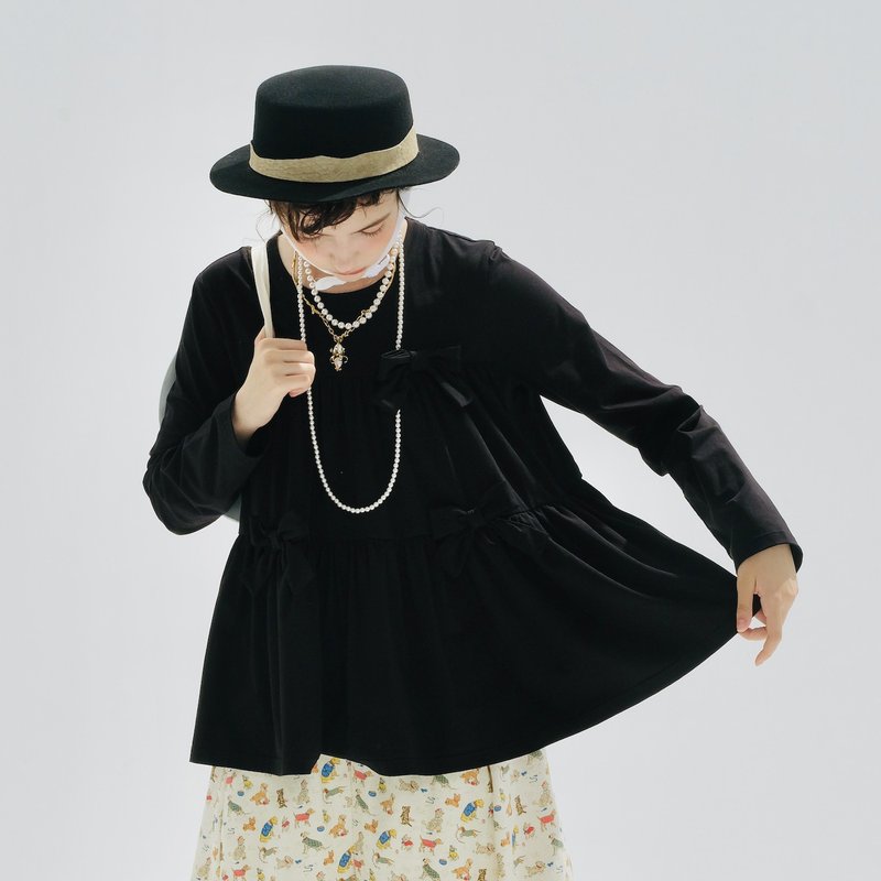 黑色蝴蝶結純棉針織長袖上衣 - 女上衣/長袖上衣 - 棉．麻 黑色