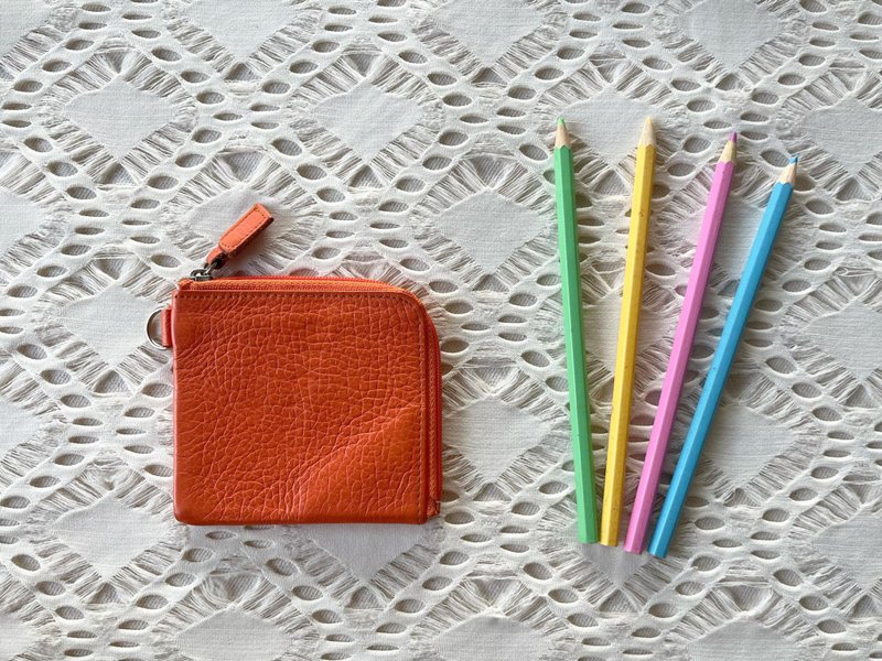 Vintage Bright Orange Genuine Leather Half Zip wallet, colorful thin wallet - 錢包/皮夾/長短夾 - 真皮 橘色