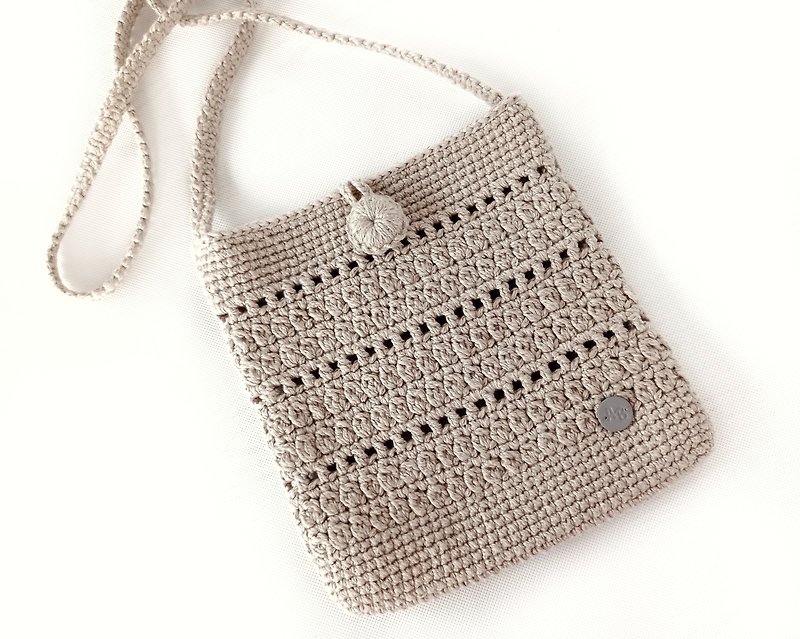 ผ้าฝ้าย/ผ้าลินิน กระเป๋าแมสเซนเจอร์ - Small boho crossbody bag, Beige crochet cotton bag, Handmade summer purse