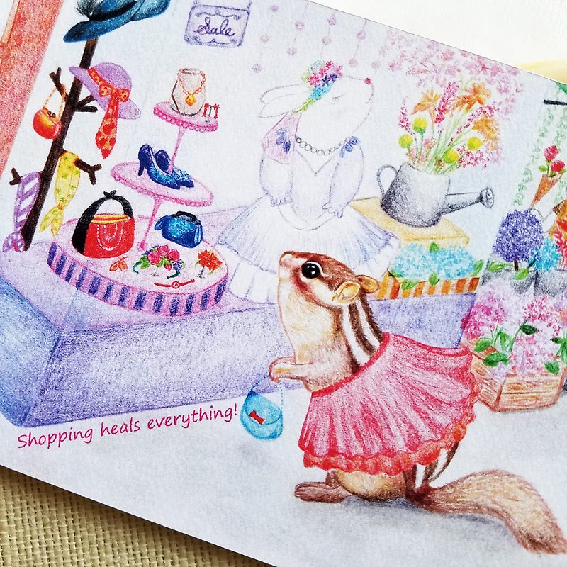 明信片-花栗鼠愛購物 - 心意卡/卡片 - 紙 紫色