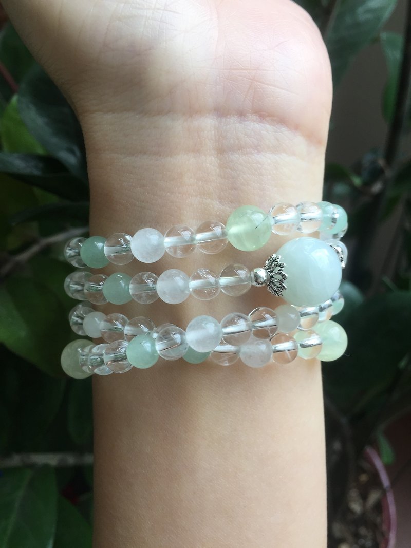 ||Custom order|| 108 hand beads in green and white. White crystal / Aventurine / Moonstone / Prehnite - Bracelets - Crystal Green