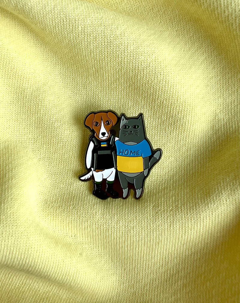 銅/黃銅 胸針 多色 - Patriotic pin with a cat and a dog Patron in support of Ukraine and homeless ani