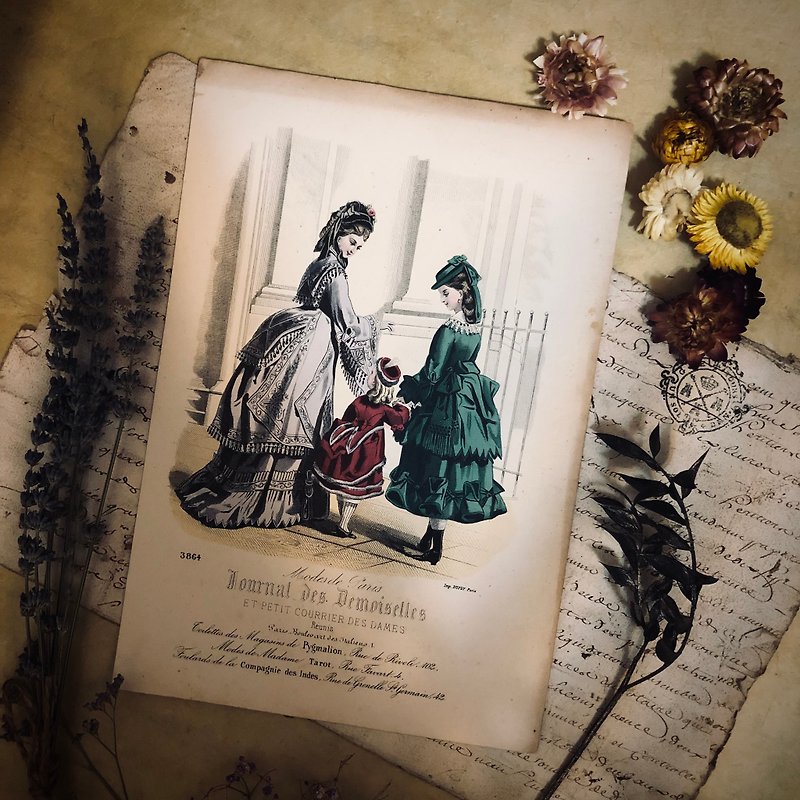 100 年前のフランスの手彩色による 19 世紀のファッション プリント - その他 - 紙 カーキ