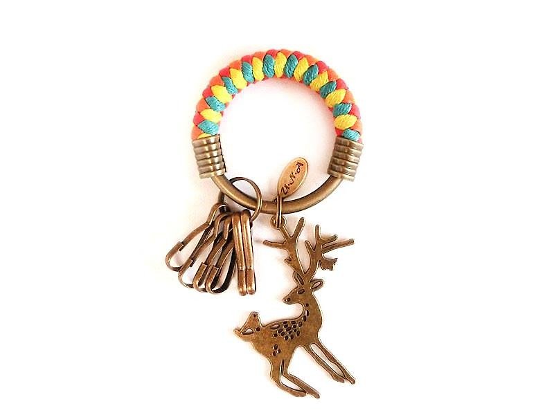 Key ring (small) 5.3CM red + orange + bright yellow + lake green + flower elk woven wax rope customized - Keychains - Other Metals Multicolor