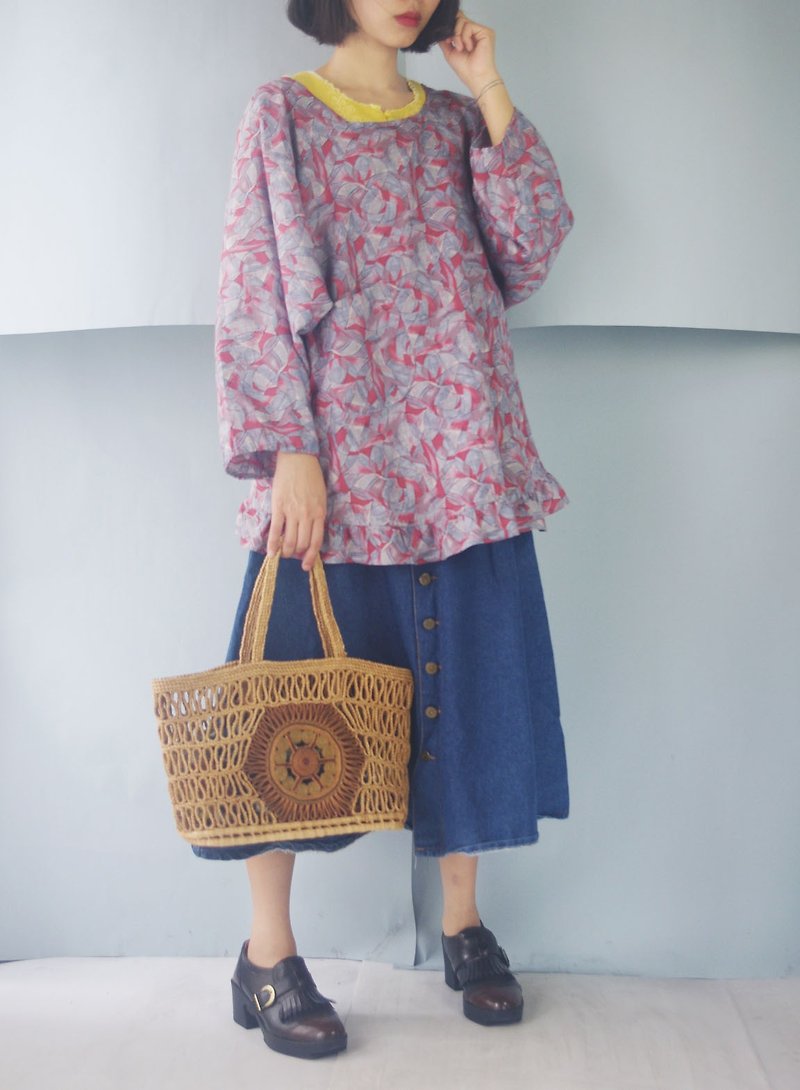 Treasure Hunting Vintage - Showa Japanese Floral Purple Cotton Apron Wide Sleeve Tie Top - Women's Tops - Cotton & Hemp Purple