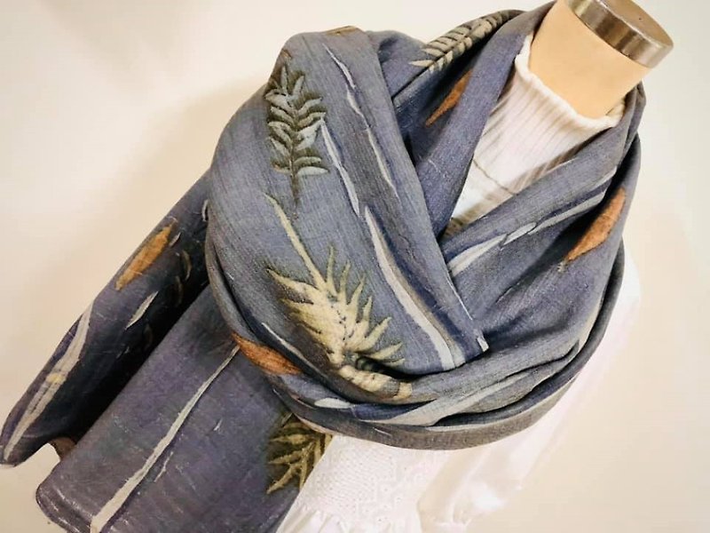 ~Eucalyptus heart fern blue and gray~mosaic silk wool scarf - Knit Scarves & Wraps - Wool 