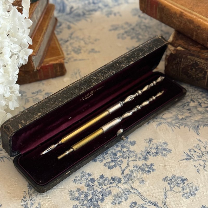 40541-French antique silver-plated brass dip pen and pencil set with original bo - Other Writing Utensils - Other Metals 