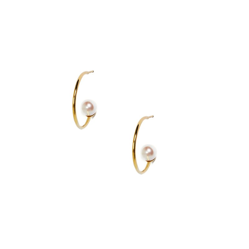 Akoya Pearl Round Open Earrings (L) 925 Sterling Silver Thick 18K Gold Plated - ต่างหู - ไข่มุก สีทอง