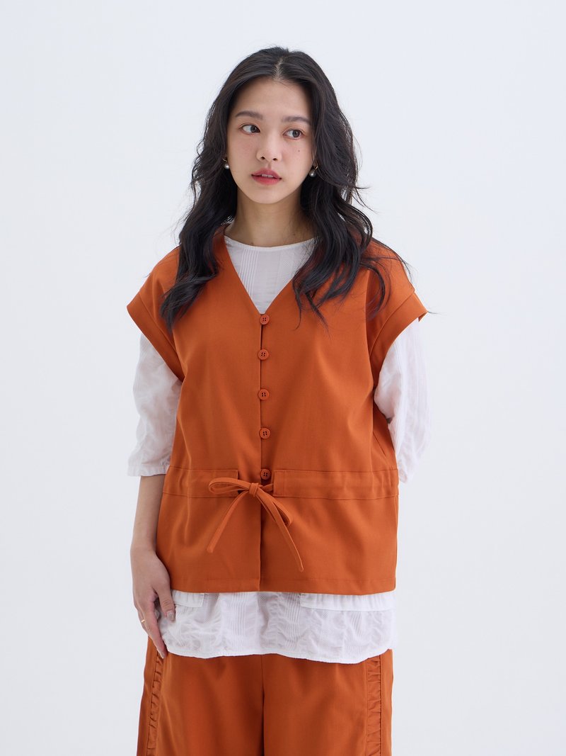 Strolling V-neck sleeved cardigan with strappy blouse-Fire Orange - เสื้อกั๊กผู้หญิง - ผ้าฝ้าย/ผ้าลินิน สีส้ม