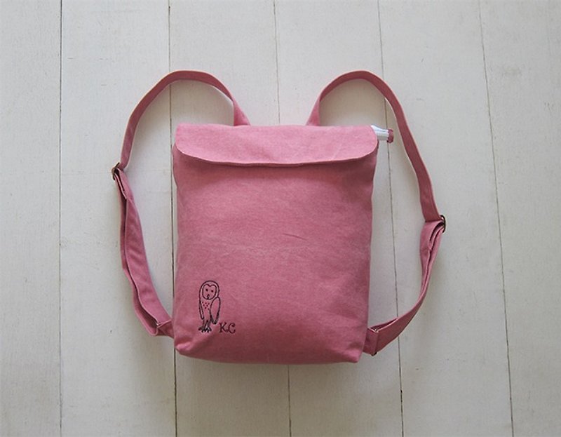 Canvas Backpack- Small (Zipper Closure / External Zipper Pocket) - Washed Lotus Red + Turkey Blue - Backpacks - Cotton & Hemp Multicolor