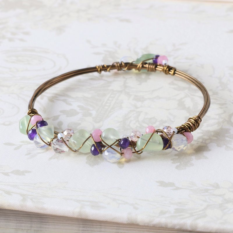 Prehnite wire wrapped bracelet - natural crystal bracelet  - Bracelets - Gemstone Green