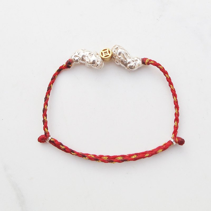[Hand-woven Wax rope] Money biting double Pixiu | Sterling silver lucky bracelet with positive energy | Da Yuannan - สร้อยข้อมือ - เงินแท้ หลากหลายสี