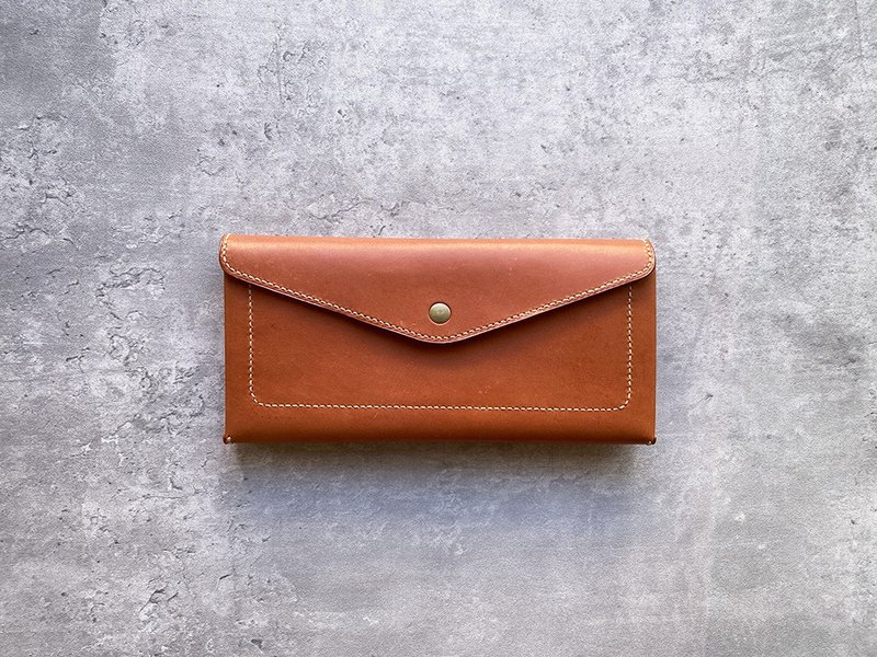 Brown X blue hand-sewn cowhide envelope style long clip zipper coin wallet - กระเป๋าสตางค์ - หนังแท้ สีนำ้ตาล