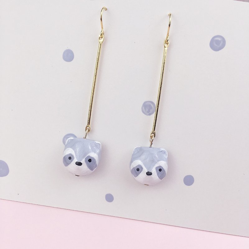 Small raccoon 18K long gold earrings hand painted hand clay - Earrings & Clip-ons - Clay 