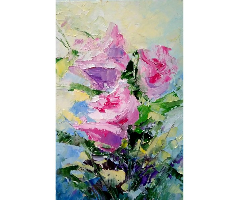 Pink Flowers Original Painting, Miniature Floral Artwork, Roses Wall Art - 海報/掛畫/掛布 - 其他材質 多色