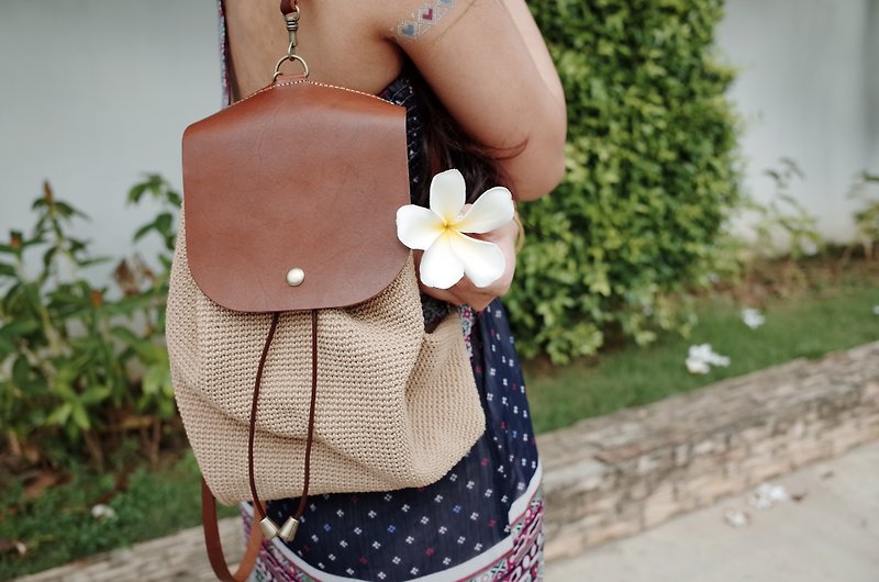 Shekinah Handmade Leather - Ivy Handwoven Backpack - กระเป๋าเป้สะพายหลัง - ผ้าฝ้าย/ผ้าลินิน สีนำ้ตาล
