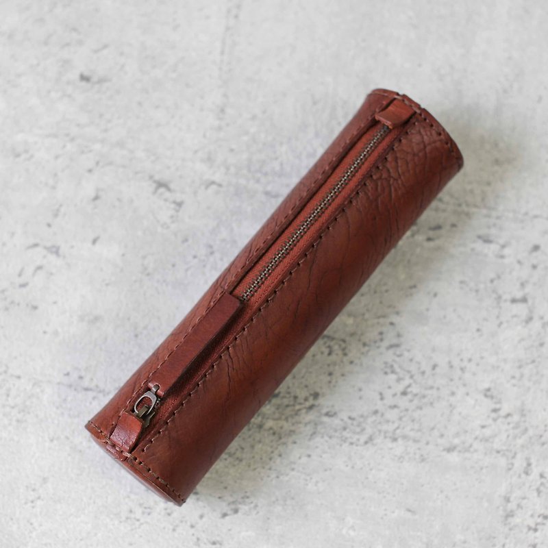 Story pattern brown leather handmade cylinder pencil case - Pencil Cases - Genuine Leather Brown