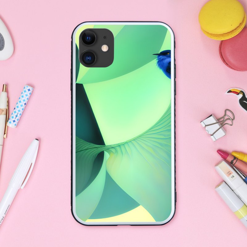 自然を味わえる緑色の植物模様と鳥 スマホケース【強化ガラス仕上げ】iPhone16 対応 - 手機殼/手機套 - 塑膠 多色