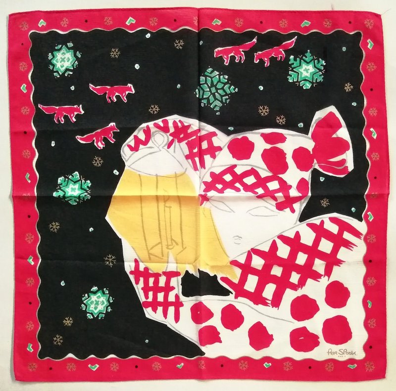 Per Spook Paris Vintage Handkerchief - Winter Woman & Foxes - 20 x 20 inches - 絲巾 - 棉．麻 紅色