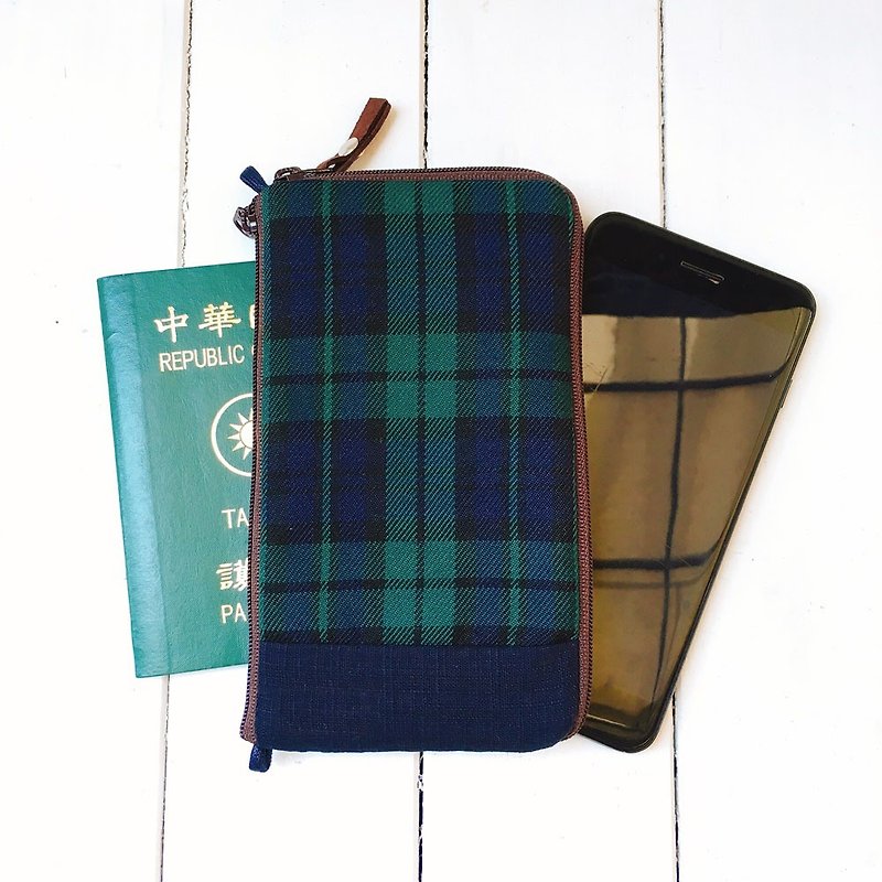 Multi-function mobile phone bag Plus & Max (dark blue and green grid) made to order* - Messenger Bags & Sling Bags - Cotton & Hemp Green